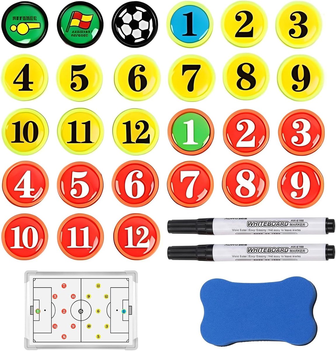 Bord, voetbaltrainer en accessoires, 30-delige set met 27 magneten, markers en gum, voetbaltrainingsmateriaal voor strategie- en wedstrijdenanalyse