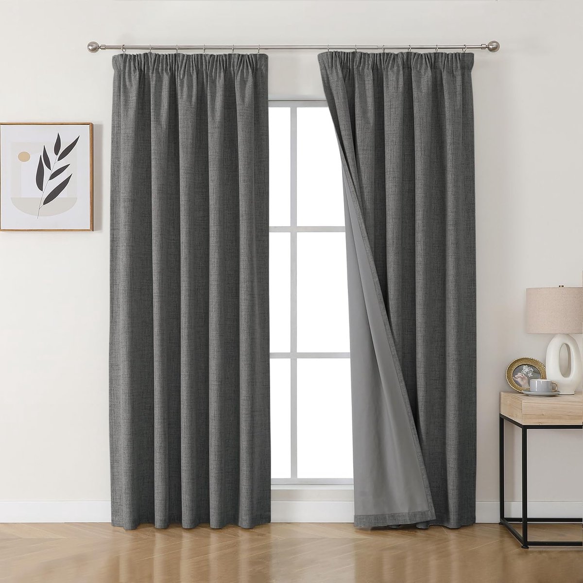 100% verduisteringsgordijnen, linnen, met plooiband, set van 2, 214 x 132 cm, grijs, thermogordijn, koudebescherming, ondoorzichtig, geluidsisolatie, ideaal voor woonkamer, past bij