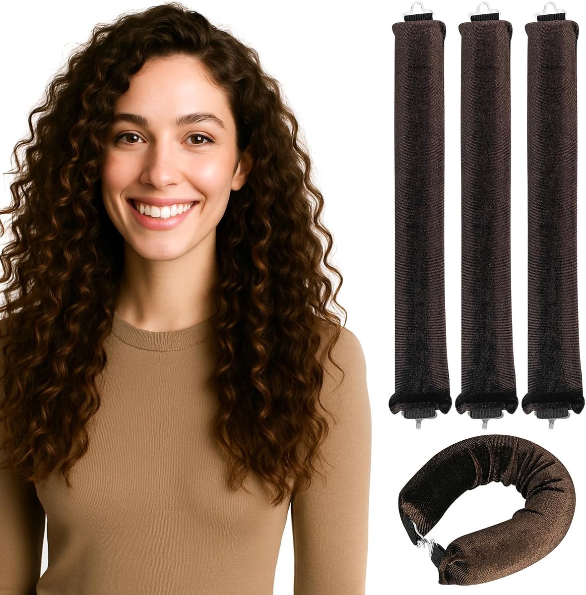 Krulspelden, set van 3, Heatless Overnight Curls voor natuurlijke, volumineuze golven, zachte krullen, fluwelen haarroller met haaksluiting, zacht, buigzaam en handgemaakt zonder hitte (bruin)
