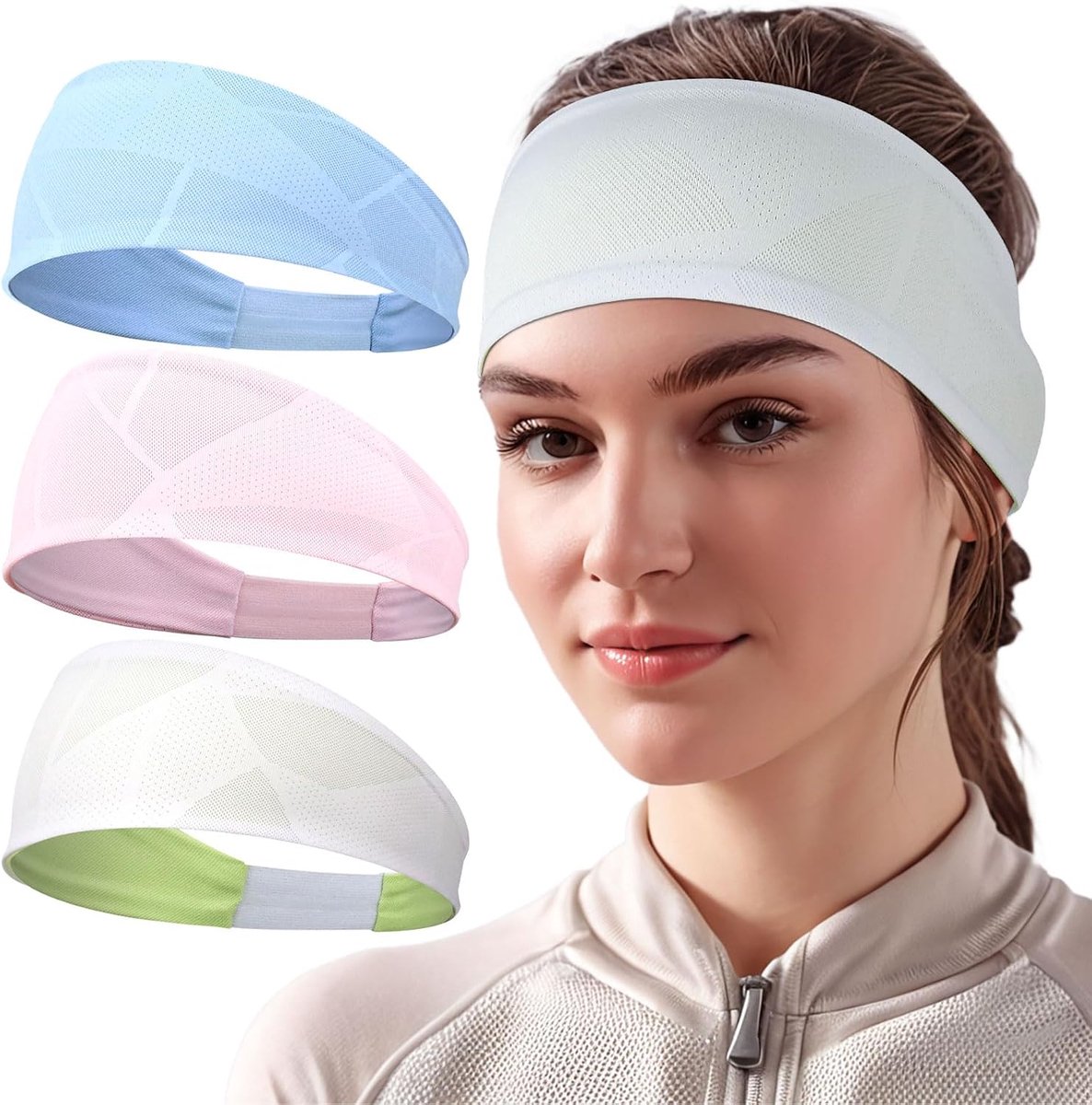 Sporthoofdband voor dames en heren, dubbelzijdig, dun, rekbaar, antislip, ademend, zweetband, voor fitness, hardlopen, fietsen, wandelen, verpakking van 3 stuks