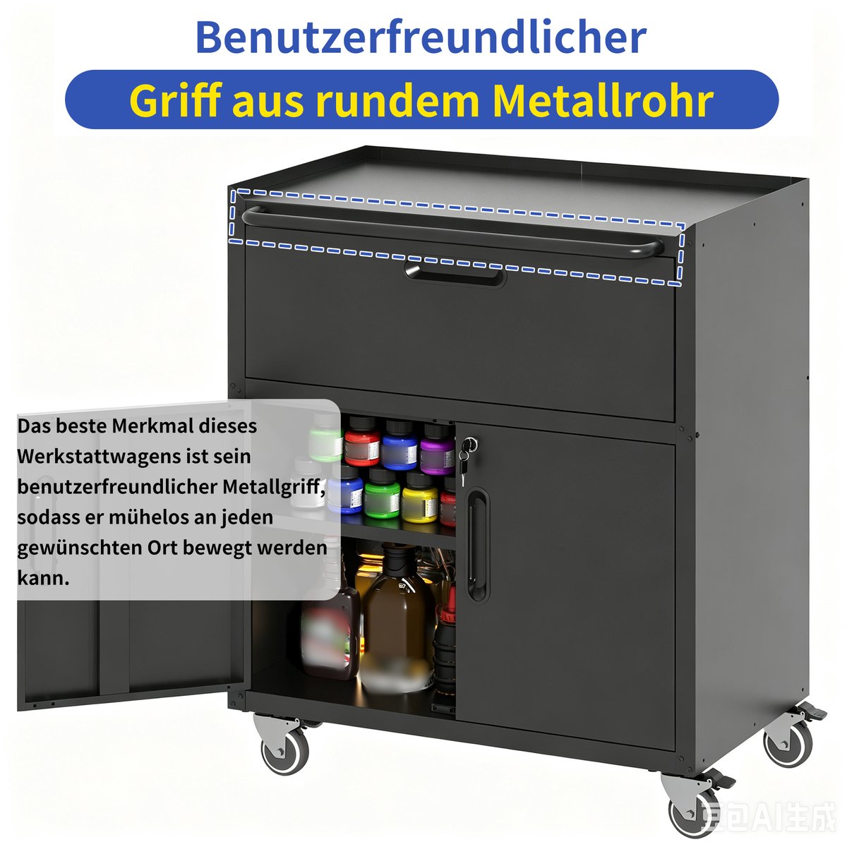 COVREO Gereedschapskar 75x42x88 cm zwart metaal, 1 lade 2 afsluitbare deuren