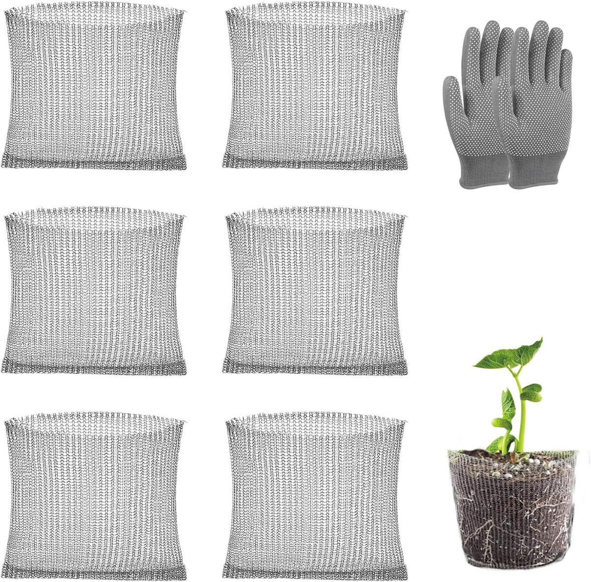 Woelmuizenmand - set van 6 stuks - wortelbescherming van roestvrij staal - met 1 paar handschoenen - wortelbescherming tegen woelmuizen - plantenmand - bloembollen voor bescherming van de wortels