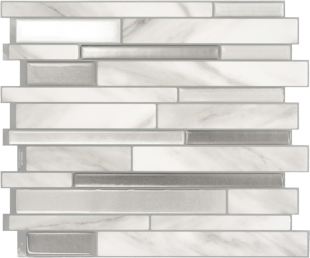 Tiles Plaktegels Zelfklevend, Mozaïek Carrara-Marmer, 29,33x24,45 cm | Set van 5 (0,33 m²), Glanzend, Hitte-/vochtbestendig, Laag VOC, Keuken/Badkamer, Ideaal voor huurders, Gemaakt in Canada