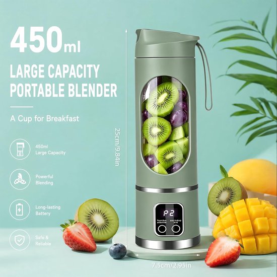 Blender smoothie maker, mini-mixer to go, 450 ml, oplaadbaar, beker met led-display, 12 messen, BPA-vrij, draagbare blender voor milkshake, sap, smoothie van Blender — afbeelding 5