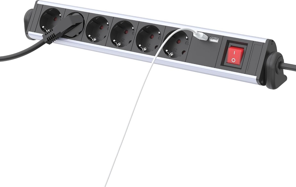 Stekkerdoos, 6-voudige stekkerdoos, 2 USB-stekkerdozen, meerdere stopcontacten, 3680 W - zwart | 6-voudig tafelstopcontact met schakelaar, 1,5 m kabel