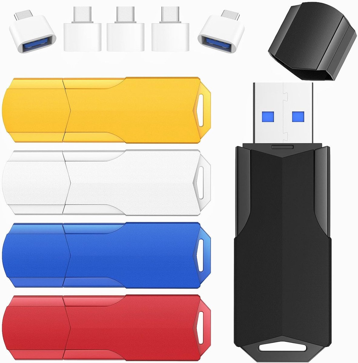 USB-stick 32GB 5 Stuks USB 3.0 Hoge Snelheid Memory Stick Swivel Flashdrive met 5 USB-C Adapters en 5 Lanyards, Draagbare Gegevensopslag
