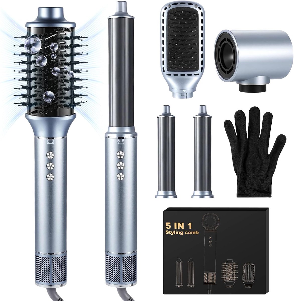 5-in-1 Air Brush, Hair Styler Airbrush,1400 W haardroger met airbrush haar, stijlborstel, krultang, voor drogen, krullen, gladmaken, vrouwen, 200 miljoen negatieve ionen, grijs