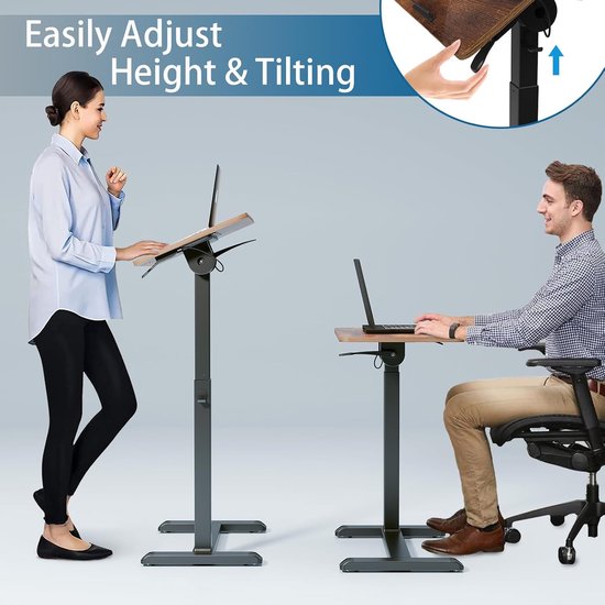 Mobiel sta-bureau, 71-107 cm hoogte verstelbare bijzettafel met omkeerbaar tafelblad, mobiele laptoptafel met wielen, 77x40 cm overbed tafel voor kantoor, ziekenhuis en woonkamer (walnoot) — afbeelding 2