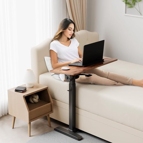 Mobiel sta-bureau, 71-107 cm hoogte verstelbare bijzettafel met omkeerbaar tafelblad, mobiele laptoptafel met wielen, 77x40 cm overbed tafel voor kantoor, ziekenhuis en woonkamer (walnoot) — afbeelding 4