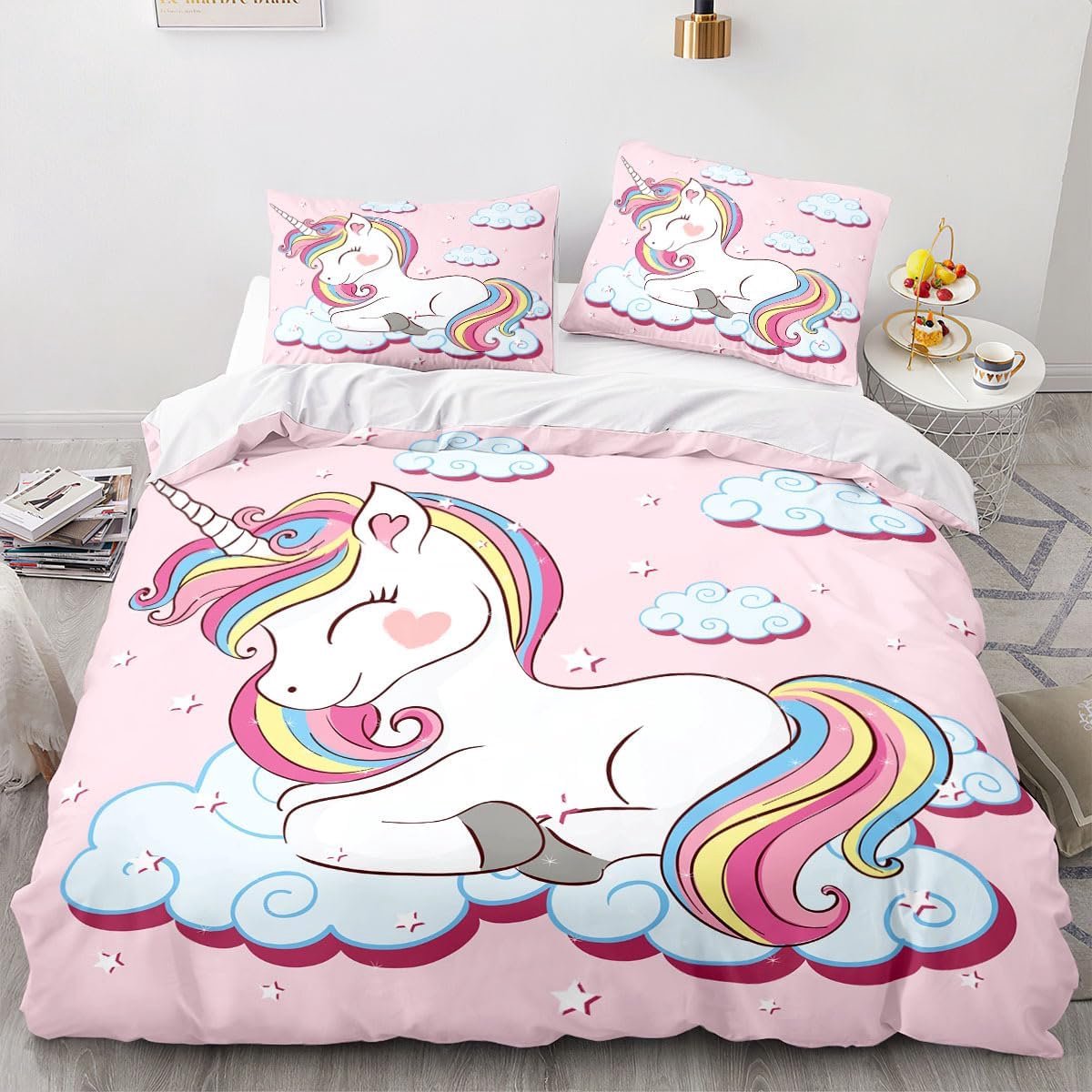 Eenhoorn meisjes beddengoedset, cartoon eenhoornpatroon kinderdekbedovertrek set, regenboog, wolken en paarden, eenhoorn dekbedovertrek (220 x 240 cm, A)