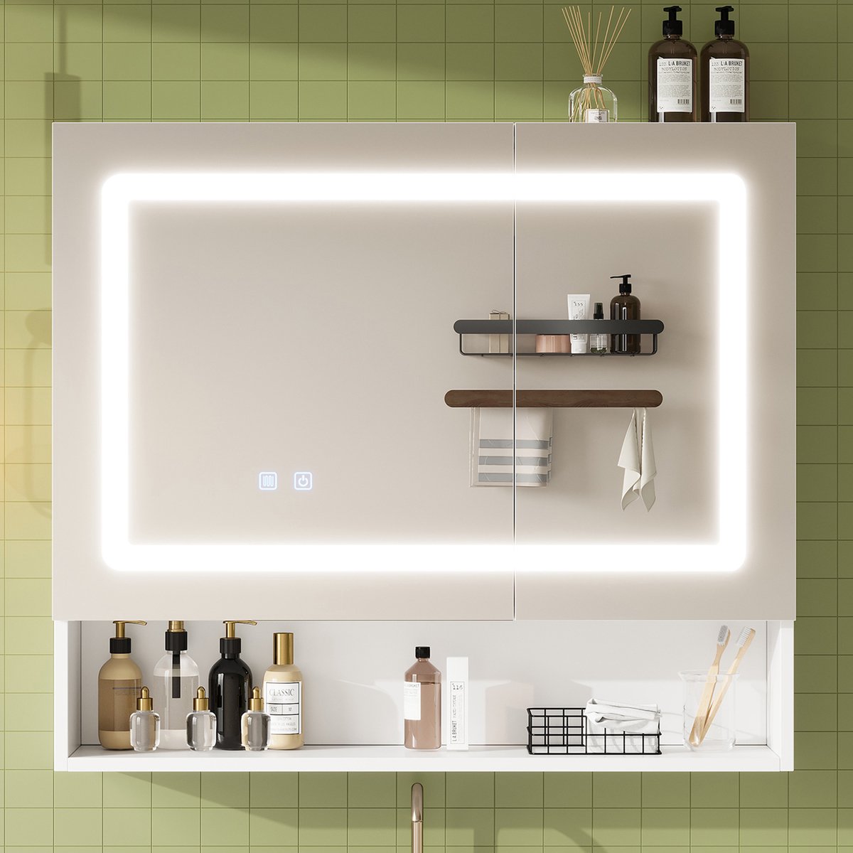 DESMIU Spiegelschrank – Doppeltür Met LED-Verlichting En Antibeschlag – 80 X 17 X 70 Cm – MDF En Glas – Wit – Badkameropslag