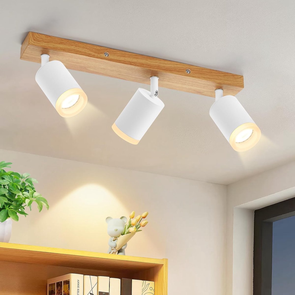 LED Plafondlamp Plafondspot 3-lichts - Plafondlamp Wit Keukenlamp GU10 | Hout Plafondspots 350° Draaibaar Vintage Spot Hal Retro voor Woonkamer Slaapkamer Keuken (Zonder lichtbronnen)