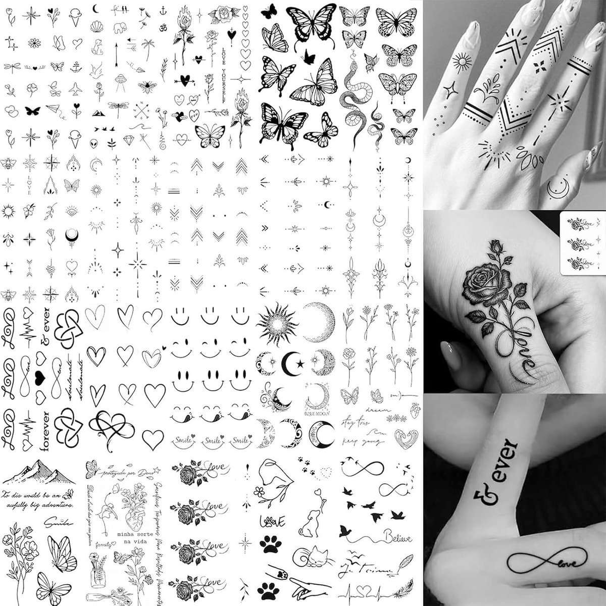 20 stuks zwarte mini tattoos met rozen en bloemen, tijdelijke tattoos voor vrouwen en volwassenen, realistische kleine tattoos met pijlen, halve maan en ster voor vingers en handen
