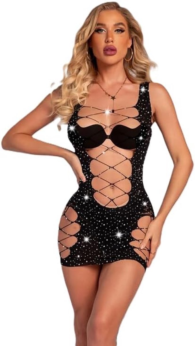 Dames partyjurk, korte jurk van visnet, clubwear partyjurk mesh inzetstukken, sexy mini-jurk lingerie set, sexy bodycon visnet mini-jurk M-L