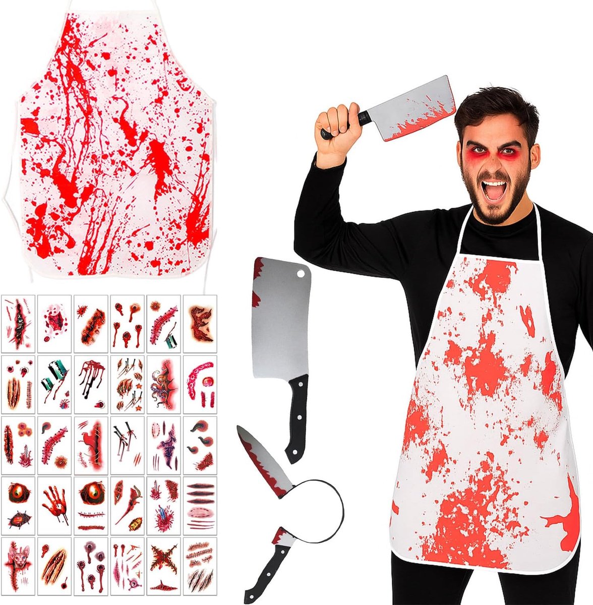 Halloween kostuum met bloedig schort, bloedend mes op het hoofd en 30 zombie-tatoeages, griezelig kostuum voor mannen, carnaval, cosplay, maskerade