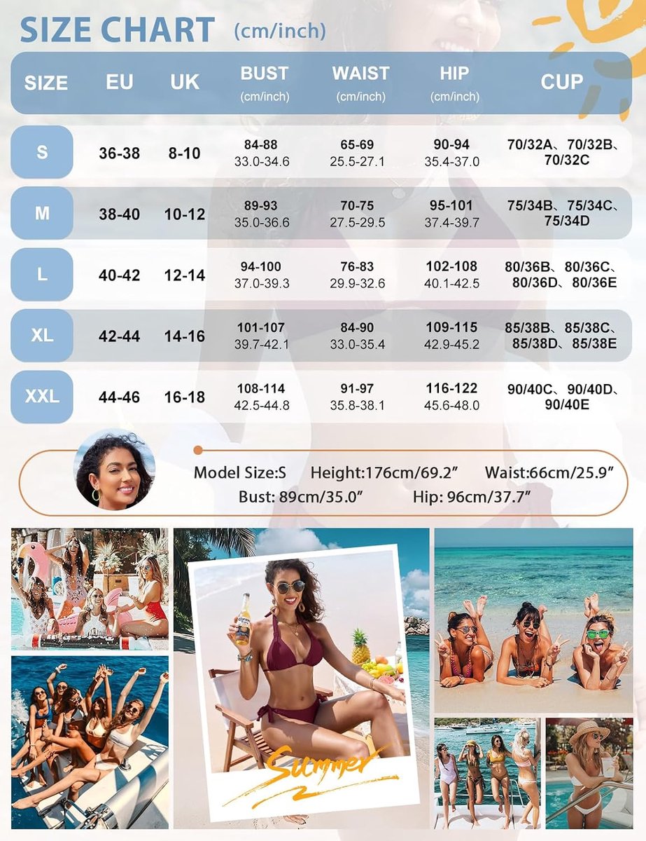 Tweedelig badpak voor dames, met curve, Braziliaanse bikiniset, gevoerd, beha houder, lage taille, verstelbaar, met trekkoord aan de zijkant voor strand en zwembad