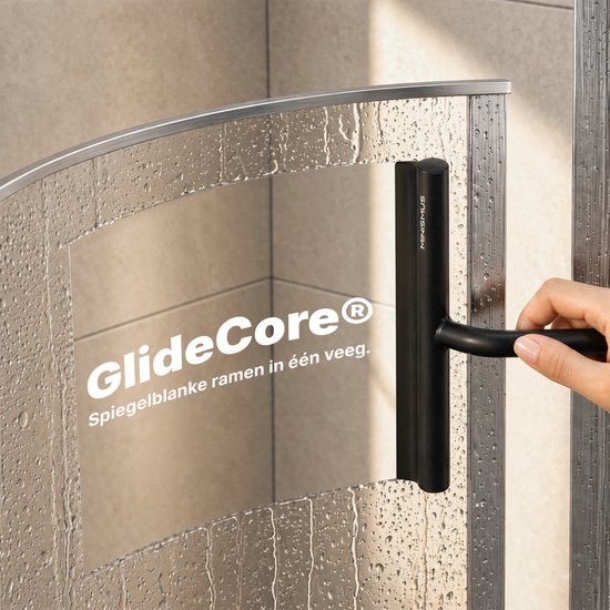 Raclette de douche noire avec inscription 'GlideCore®', utilisée sur une paroi de douche incurvée.