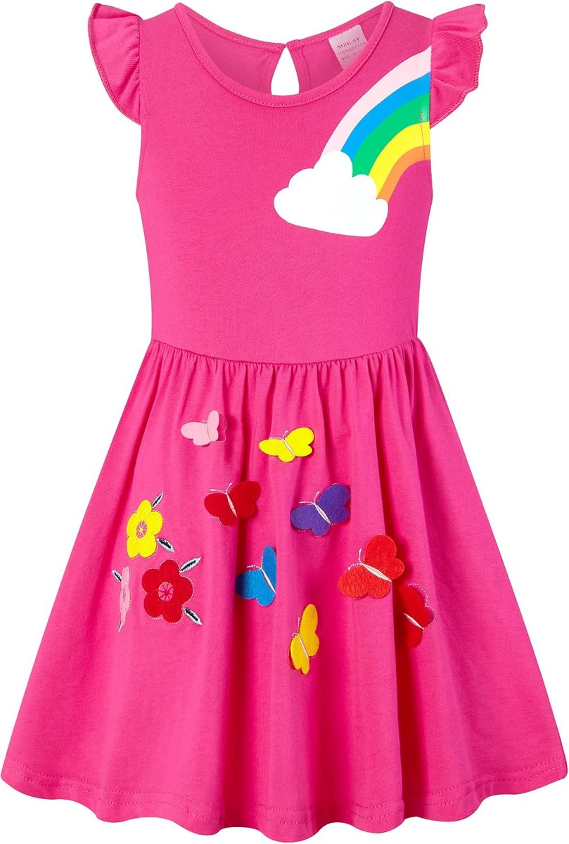 Meisjesjurk, regenboogjurk, eenhoornjurk, lange mouwen, bedrukt, borduurwerk, jurk voor meisjes van 3-8 jaar
