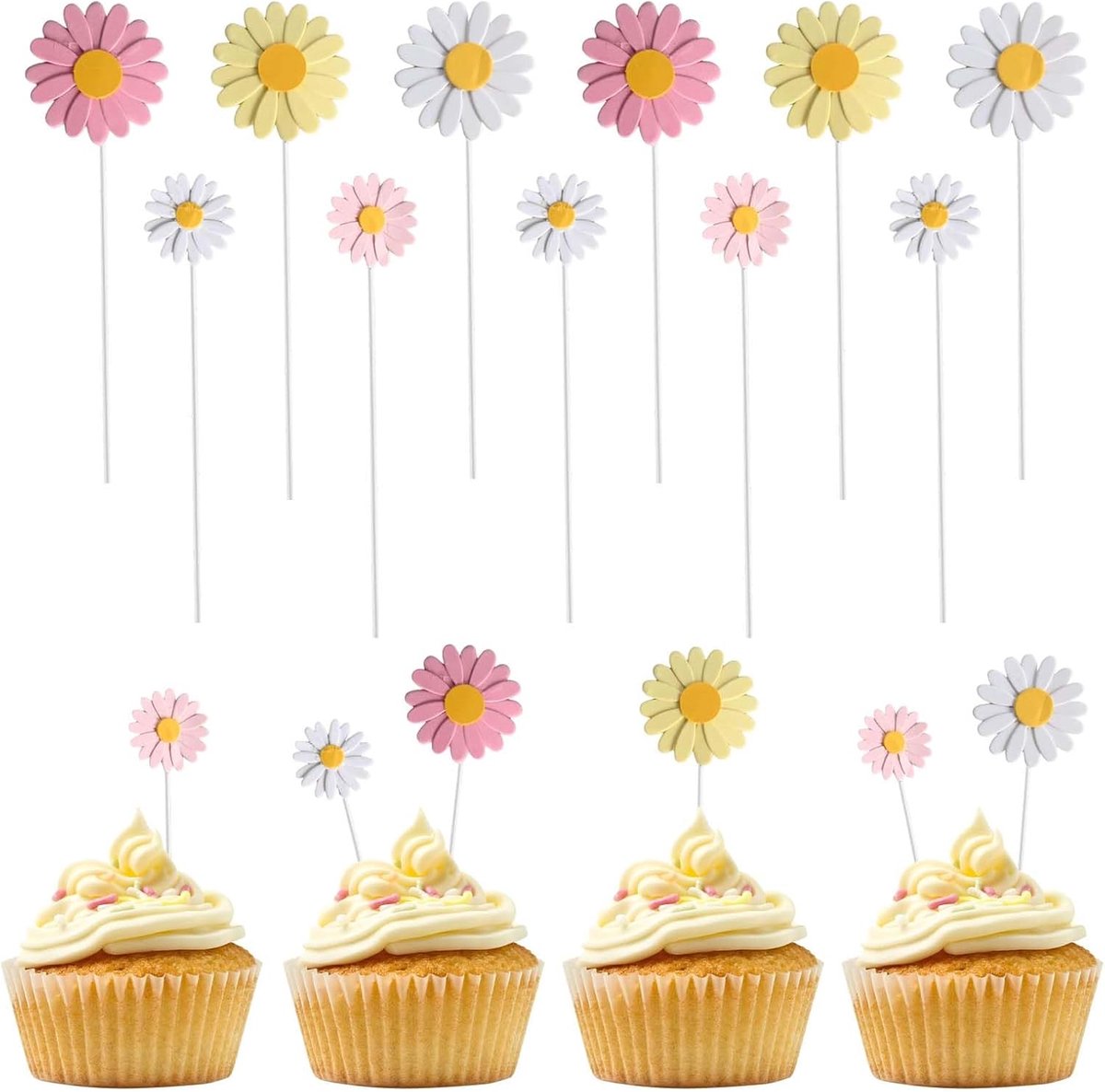 25 stuks kunstpapieren madeliefjes, 5 kleuren (wit, geel, roze), grote en kleine maten, decoratie voor taart, cupcakes, verjaardag, bruiloft, babyshower en doe-het-zelf kunst
