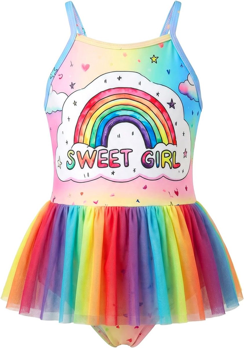 Badjurk voor meisjes, eendelig badpak voor kinderen met regenboog-tule rok, schattige verstelbare bandjes, badmode, zwempak voor meisjes van 2-8 jaar (maat 98/128)