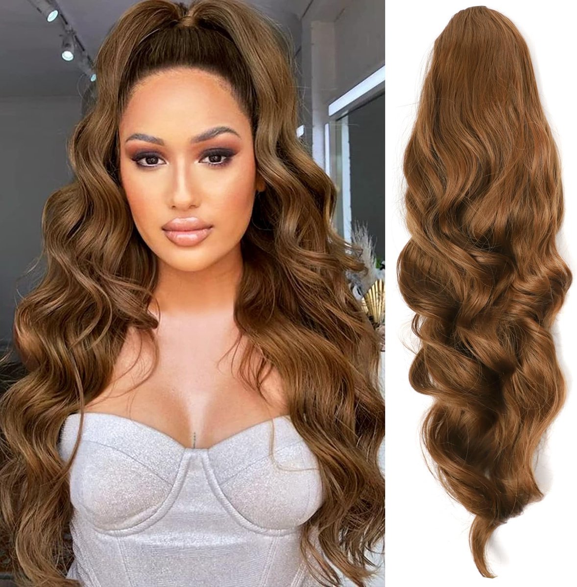 Haarstukje bruin, lang, golvend, krullend haarstukje, vlecht met trekkoord, paardenstaart, natuurlijk kunsthaar, haarverlenging, extensions voor dames, afro, vlecht
