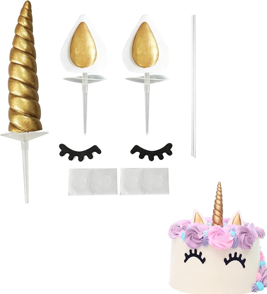 6-delige gouden eenhoorn-taartdecoratieset, inclusief hoorns, oren en wimpers, voor verjaardagstaarten, bruilofts- en themataarten, magische eenhoorn-taartdecoratie voor kinderfeestjes