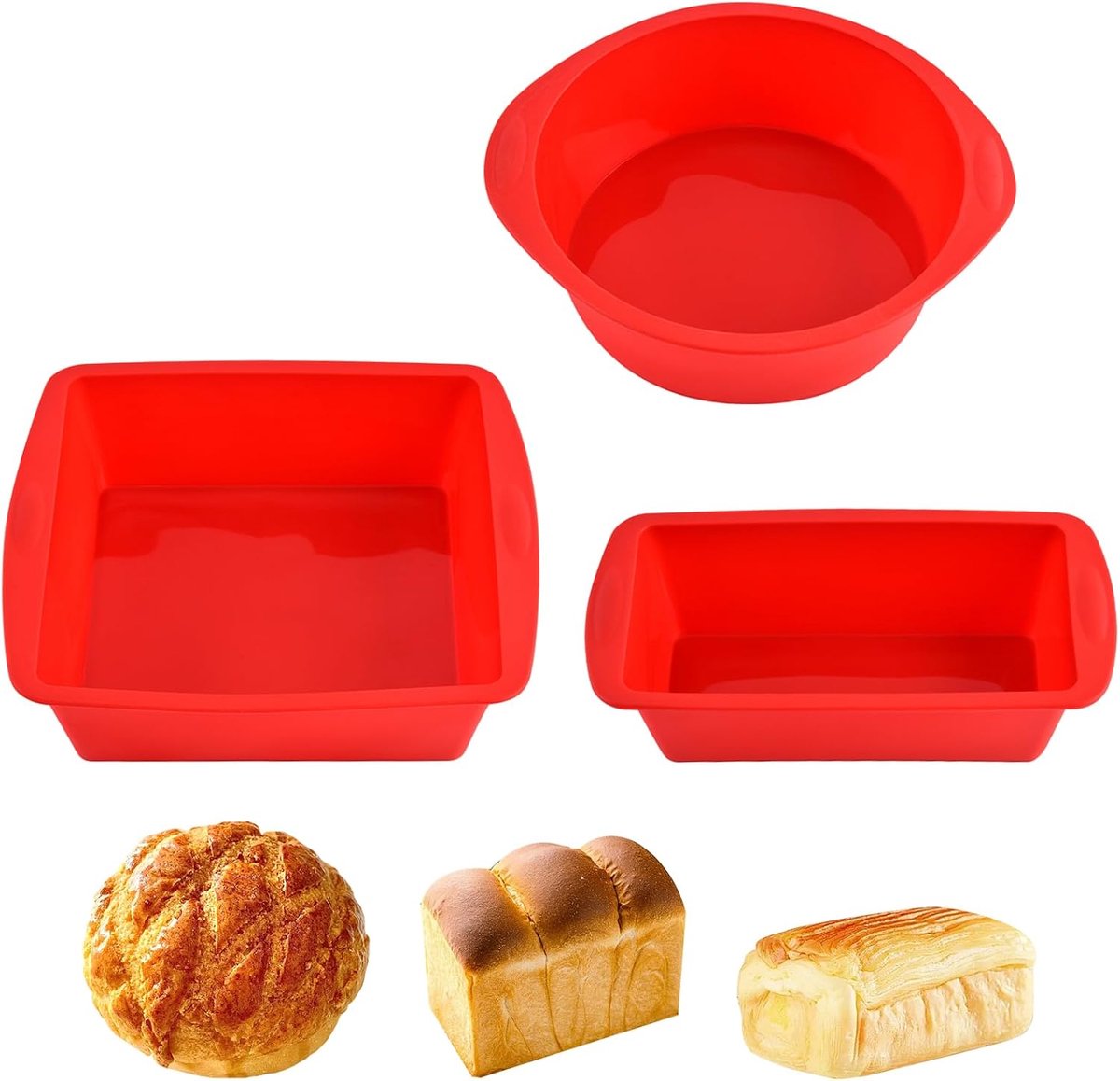 Bakvormen, 3 stuks, siliconen bakvorm, bakvorm, bakvorm, bakvorm, rechthoekig, siliconen bakvorm, rond, herbruikbaar, voor cake, brood, quiche