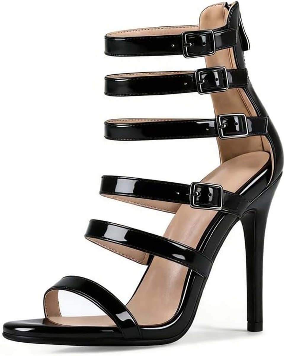 Sandalen met hoge hakken, riempjessandalen met verstelbare gespen, ritssluiting