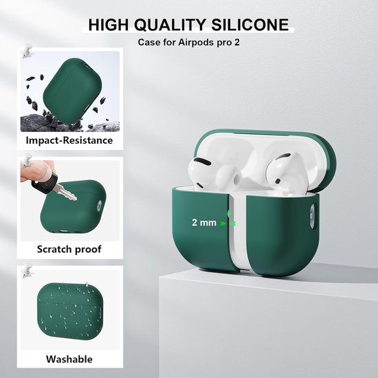 2PCS Mocarheri Siliconen hoes Compatibel met Airpods Pro 2 Generation hoes 2022, Ultra-Thin, siliconen stootvaste zachte beschermhoes voor Airpods Pro 2, LED vooraan zichtbaar (zwart/donkergroen) — afbeelding 2