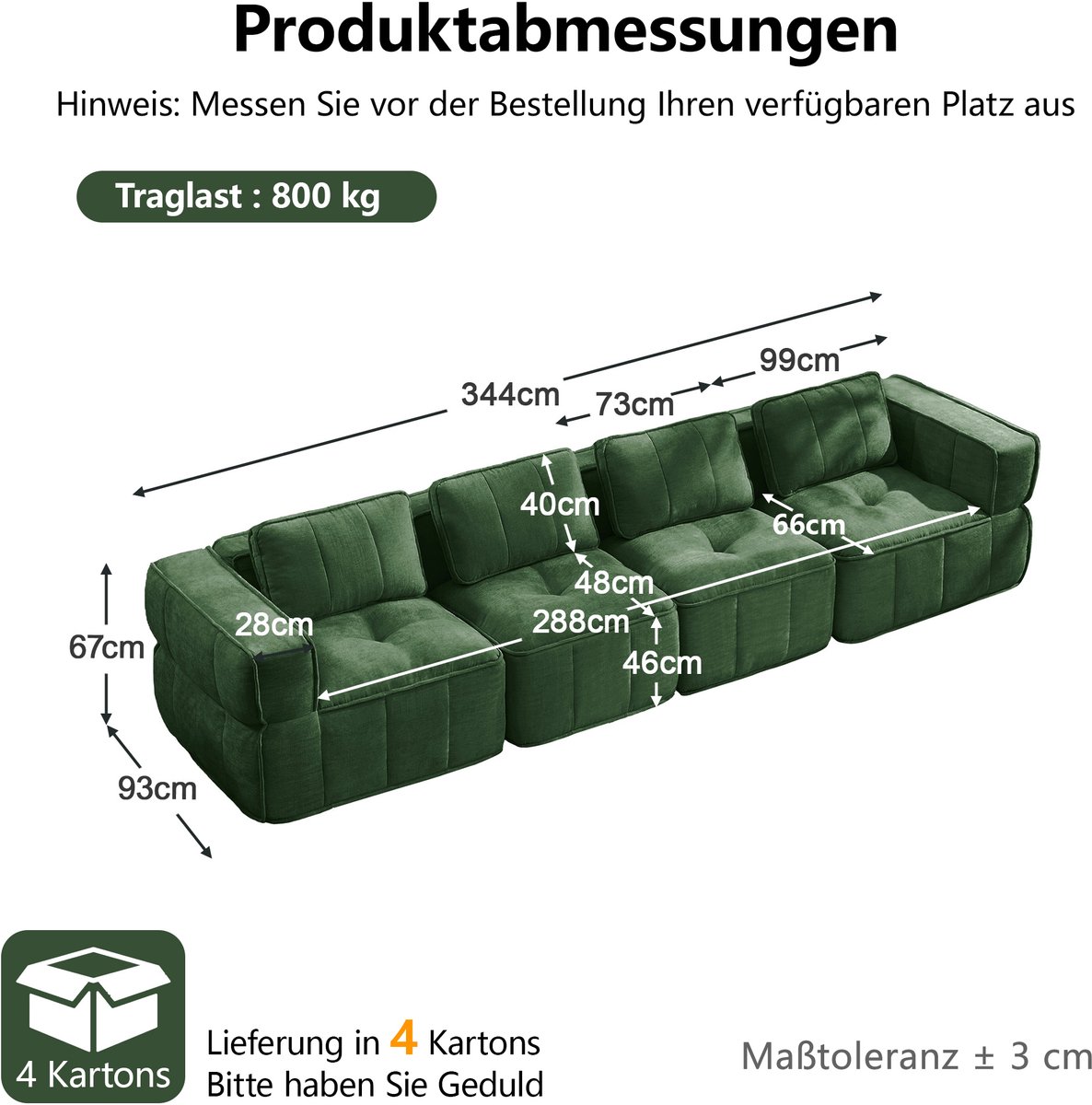 MIVRAY Bank 4-Zits 344 cm - Frameloos Modulaire Cloudbank Met 32D Schuim - Voor Woonkamer - Polyester - Groen