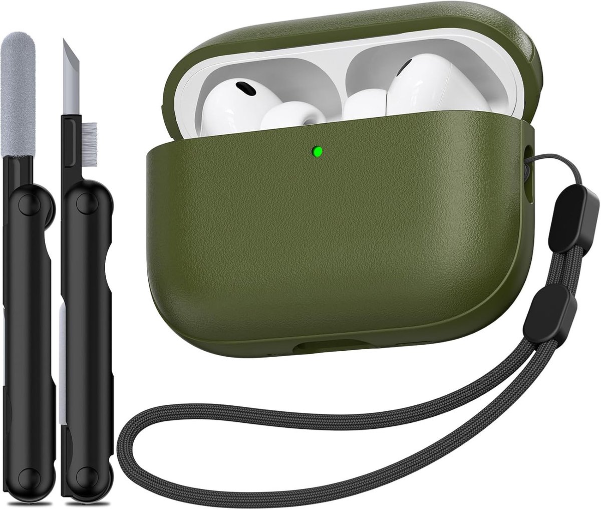 Valbeveiliging voor AirPods Pro 3 Hoes, Army Green | Val-, kras- en slijtvast. Bedraad & draadloos laden. Met reinigingspen en ketting.