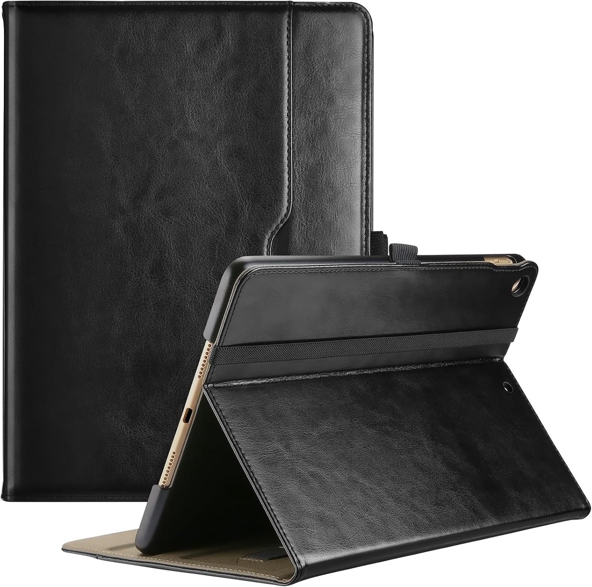 ProCase voor iPad 7e/8e/9e generatie 10.2 inch PU lederen case business stand cover smart folio met handriem voorzak pen lus -zwart