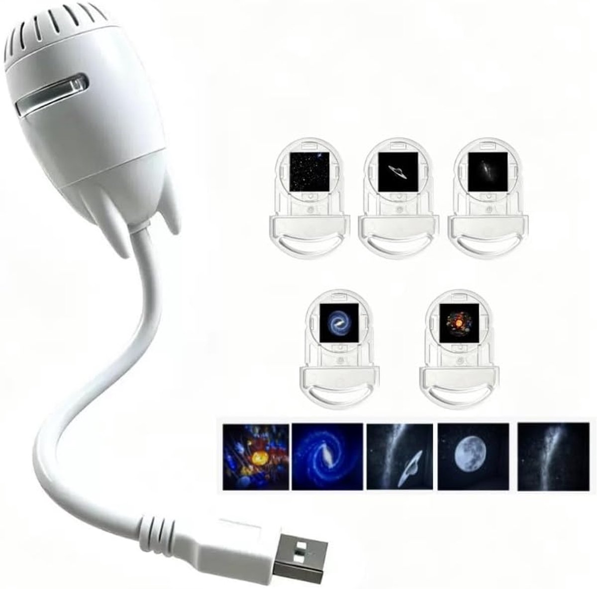 Melkweg projectienachtlamp 2-in-1 USB sterrenprojector voor auto, slaapkamer muren en plafonds, met 5 verwisselbare projectiefilms, perfect als cadeau