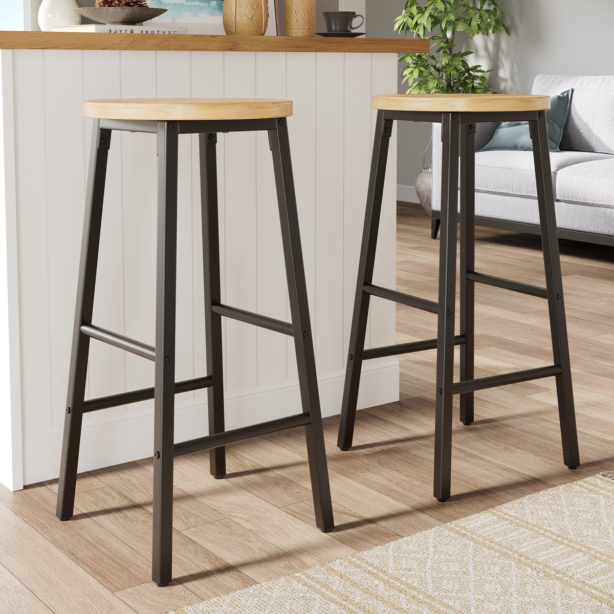 MODENUIT Barkruk Set van 2 - 63 cm - Met Voetsteunen En Verstelbare Voetjes - Voor Keuken En Bar - MDF - Zwart