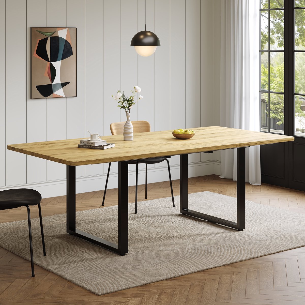 Sweiko Eettafel - Uitschuifbaar - 140/180/220 × 90 cm - Geschikt voor 6-10 personen - Metalen poten - Eikenkleur