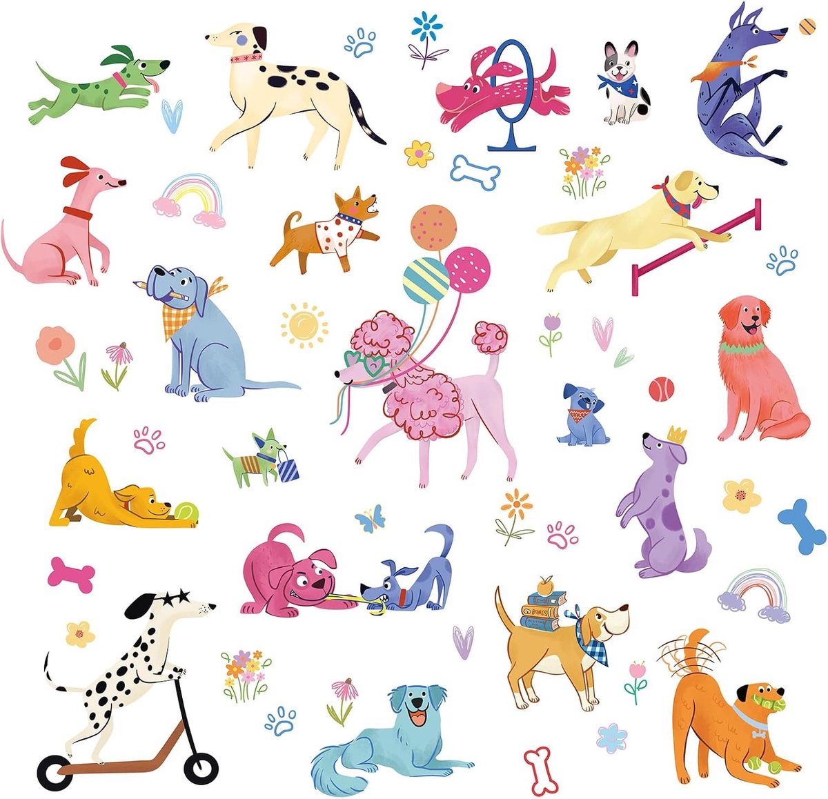 Hond Muursticker Cartoon Mooie Huisdieren Puppy Bloemen Bone Wall Art Decals PVC Peel en Stok Verwijderbaar voor Baby Nursery Slaapkamer Woonkamer Speelkamer