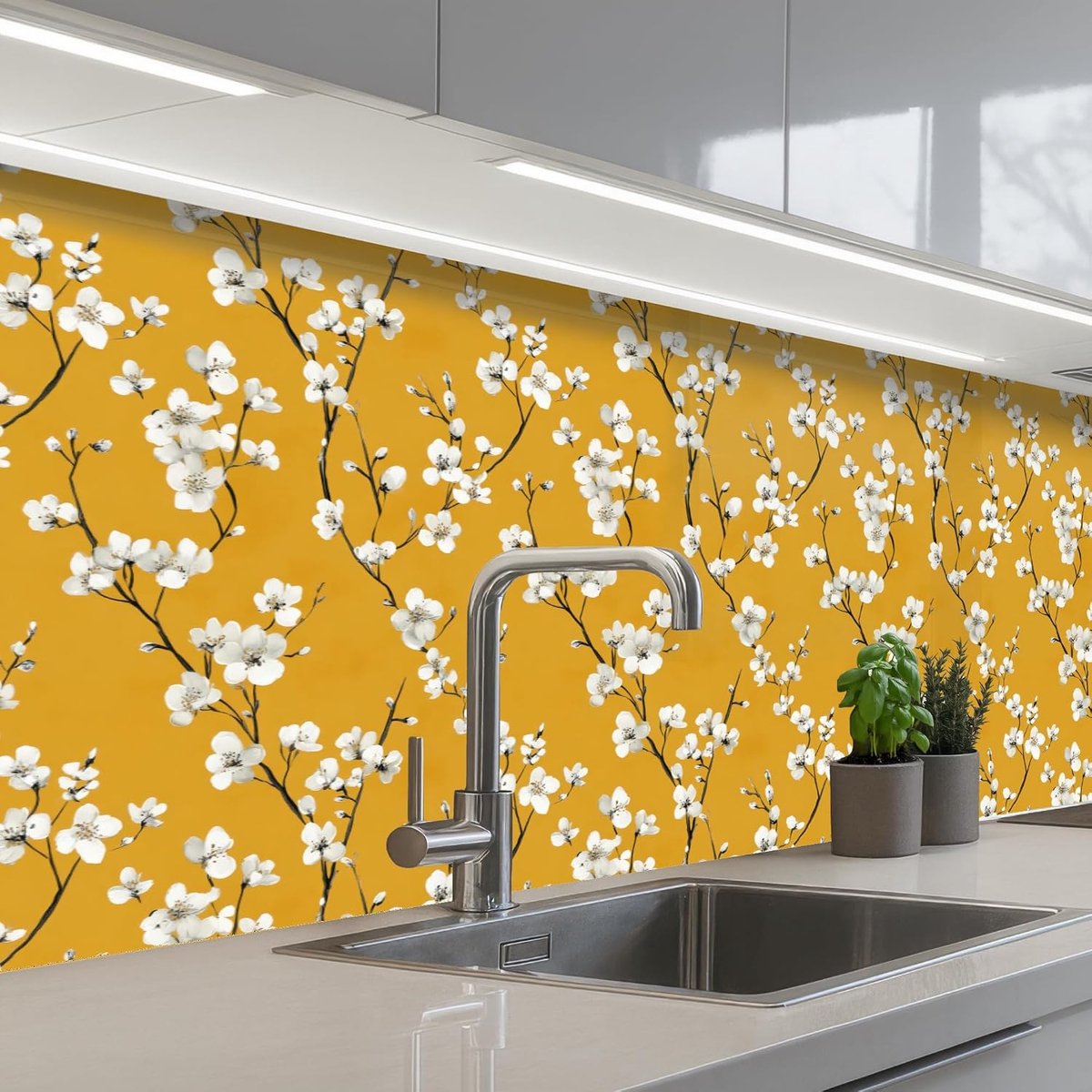 Keukenachterwand 60x200 cm zelfklevend keuken decoratie accessories home kitchen spatscherm Bloesemtak - Aquarel - Geel
