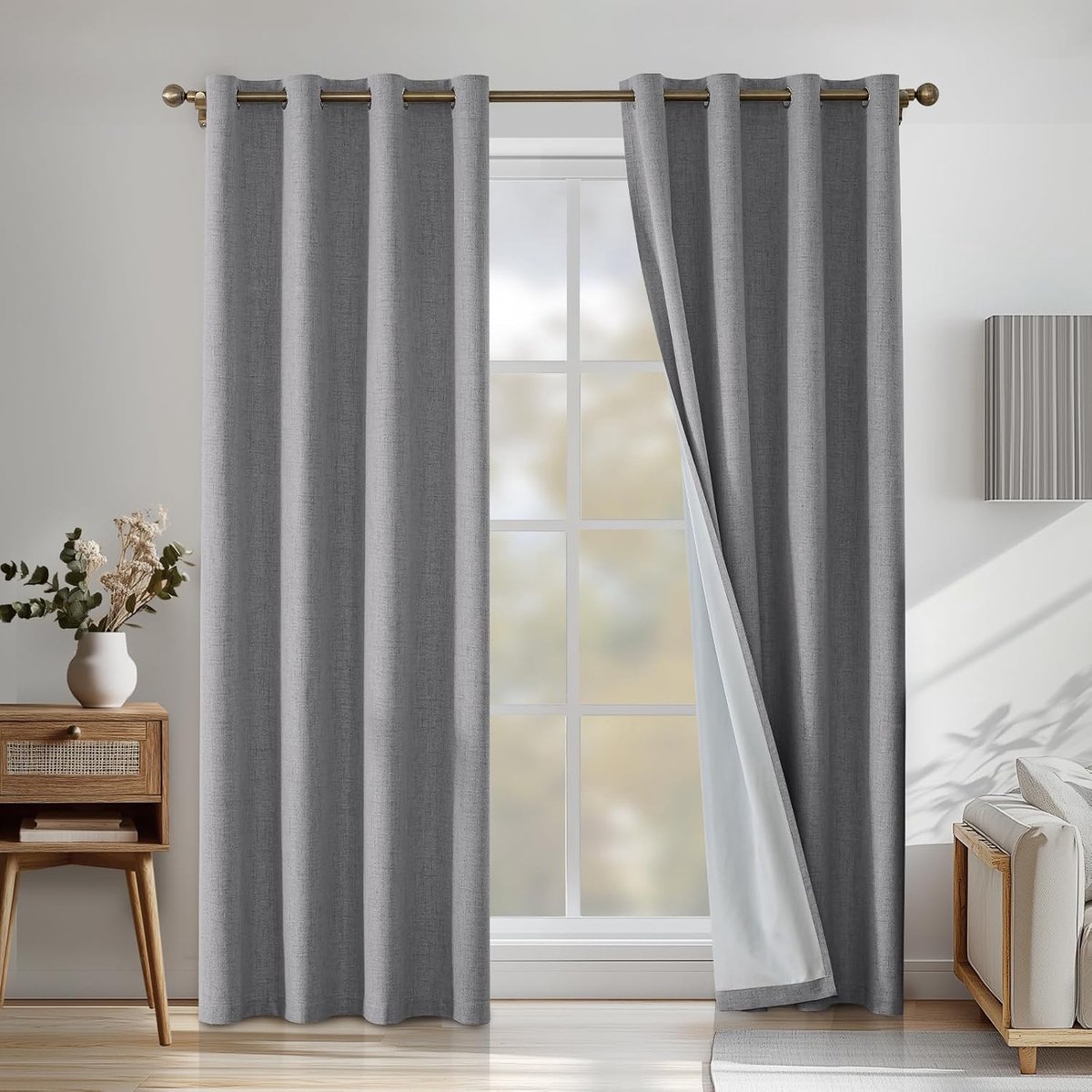 100% Verduisterend Linnen Effect Gordijnen Set Van 2, 140x300cm, Ondoorzichtig Warmte-Isolerende Thermische Gordijnen Met Ringen, Geluidsbescherming, Voor Slaapkamer Woonkamer, Zwart