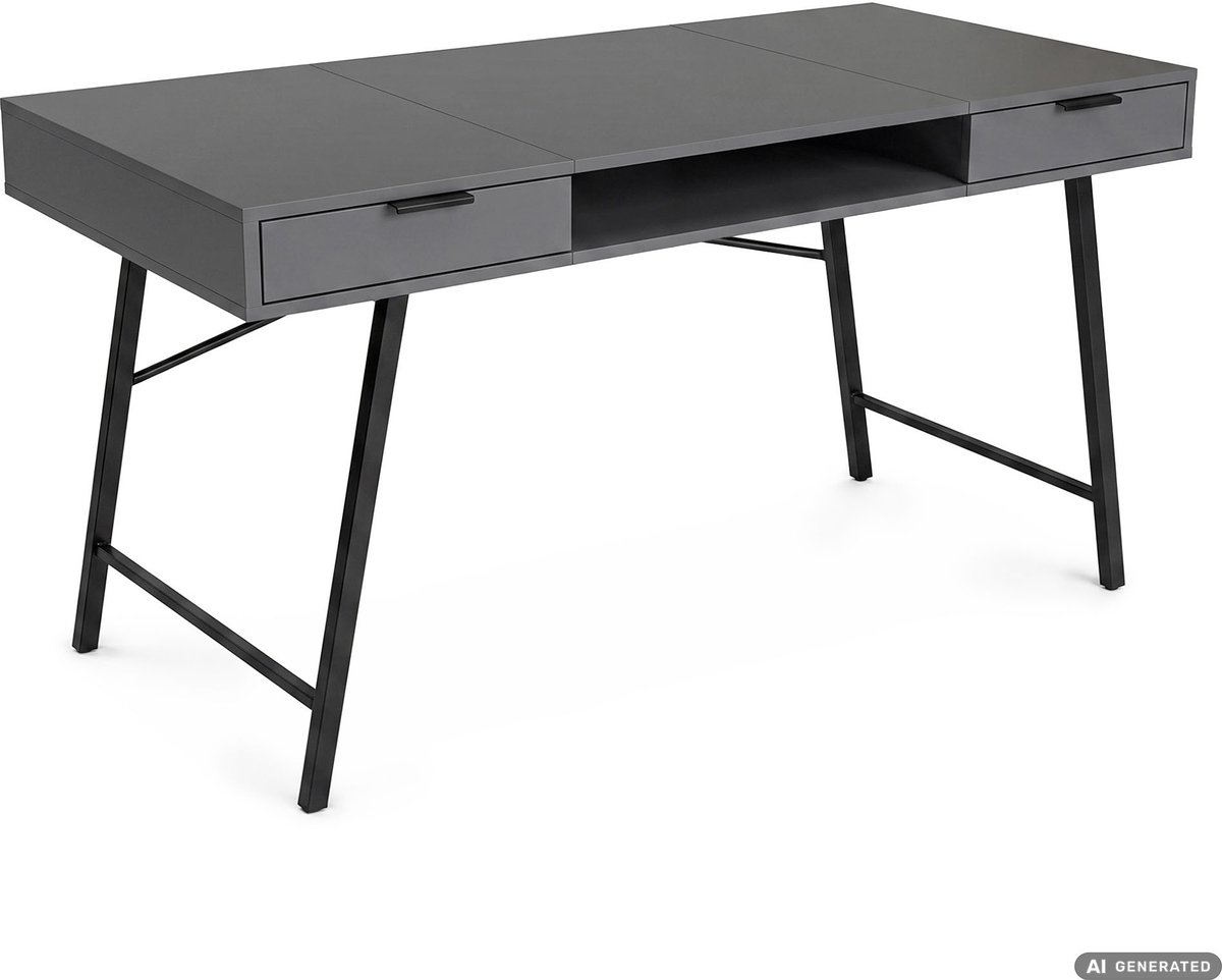 Computertafel Bureau ARDEN / Industrieel / Grafiet / 120 cm / 2 Lades / 1 Plank / Zwarte Poten