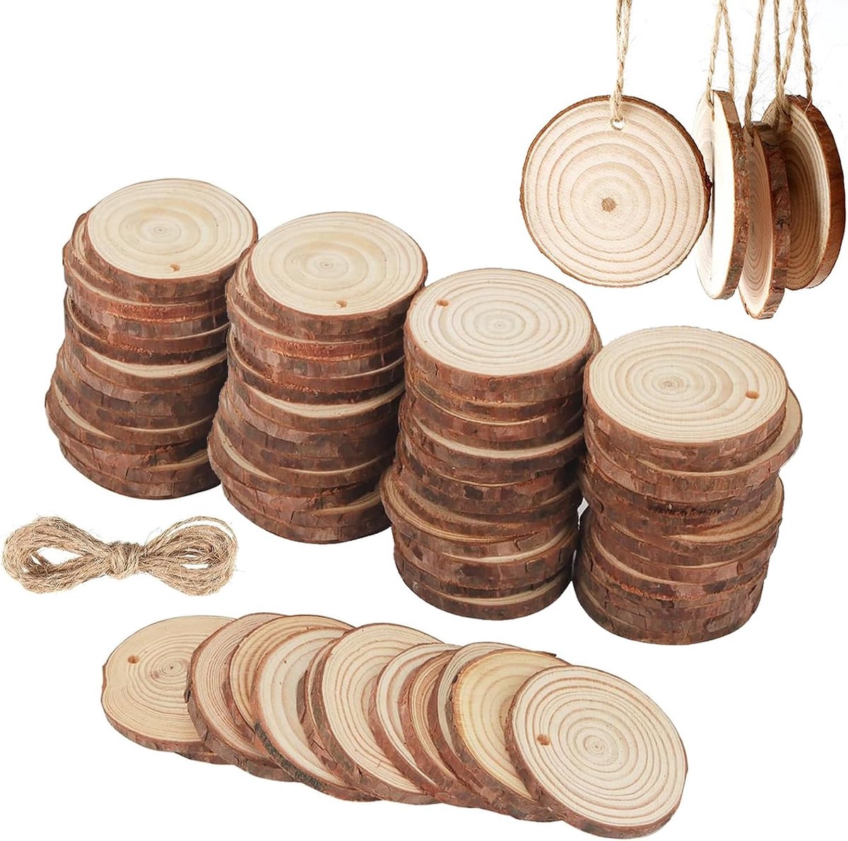 50 Stuks Houten Schijven Met Gaten, 5-6 cm, Rond, 10 m Jute Koord, Onbehandelde Boomschijven Voor Doe-Het-Zelf Handwerk, Bruiloft, Middenstukken