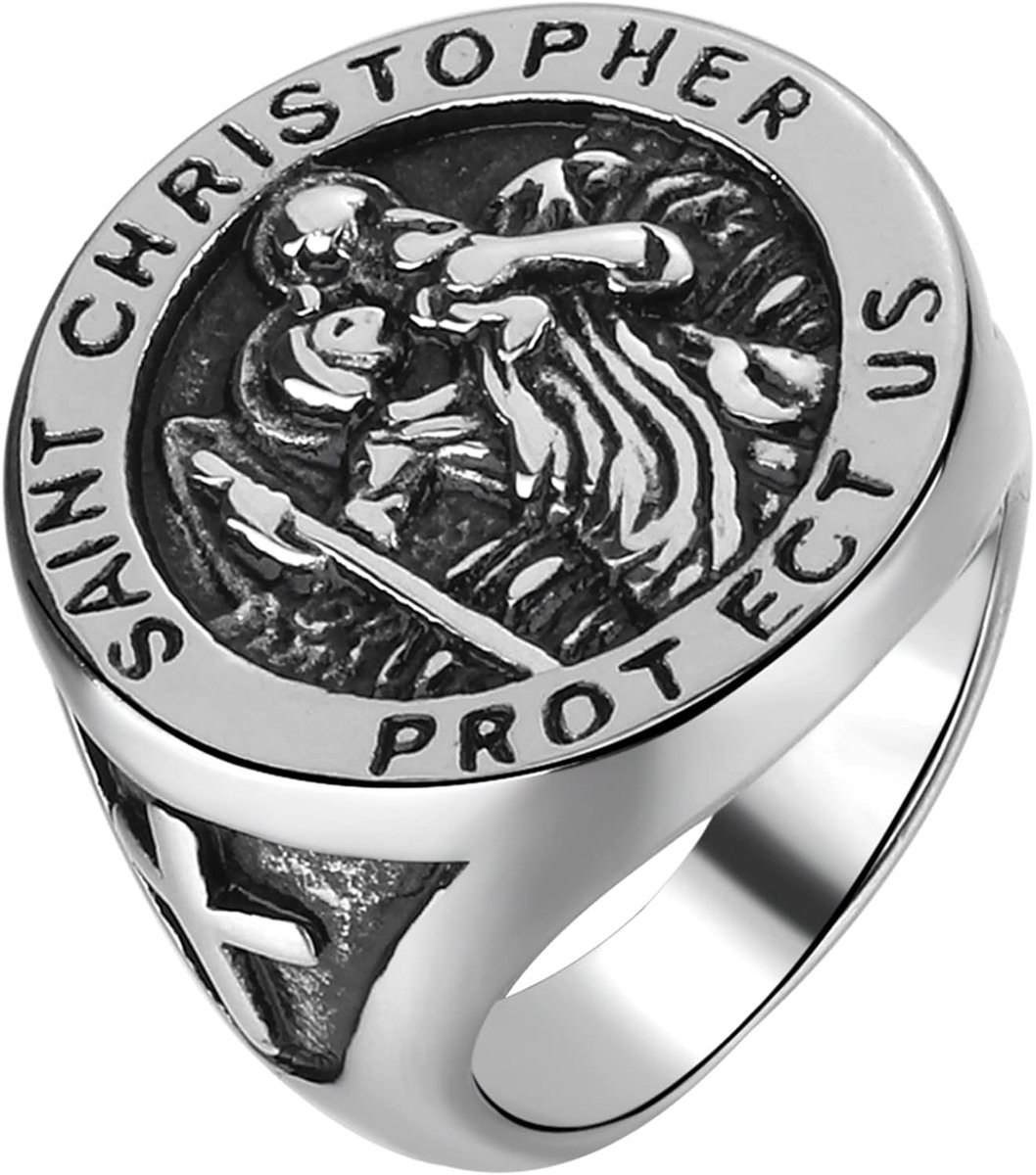 Ringen voor mannen, gegoten roestvrij staal punk vervaardigd Saint Christopher beschermen US Statement Bands, Szie 7-13