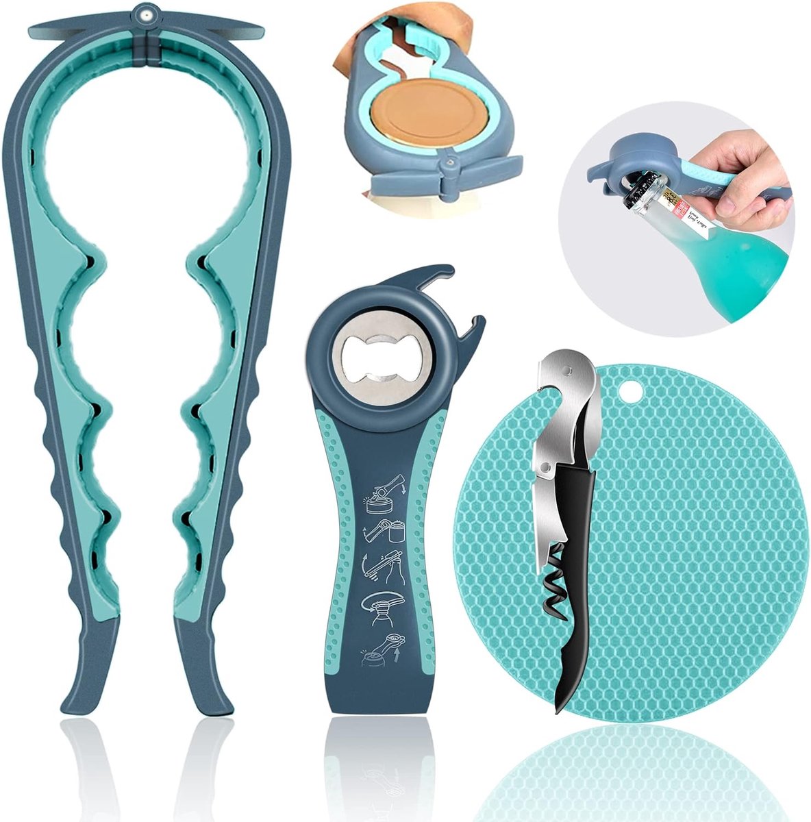 Opener voor zwakke handen, senioren met artritis, 5 in 1 multifunctionele flesopener dekselopener voor artritische handen met antislip rubberen potopener grijper pad en kurkentrekker wijnopener (BLUE)