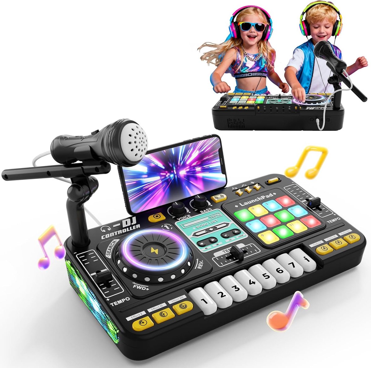 DJ-mixer voor kinderen van 3-12 jaar DJ-controller muziekinstrument met microfoon, 100+ geluidseffecten, licht, accu. Ideaal speelgoedcadeau voor DJ Mixer jongens meisjes van 3-5-6-8-10 jaar