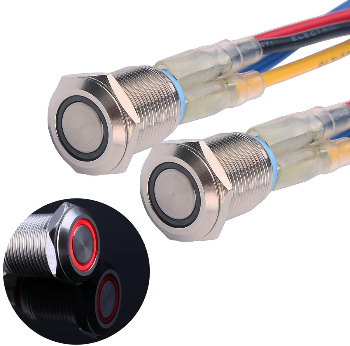 2× 12mm Momentane metalen drukschakelaar 12V tot 24V 2A Momentane drukknop met LED-indicator IP66 1NO Waterdichte drukknop voor boot, vrachtwagen, RV, auto (Rood)