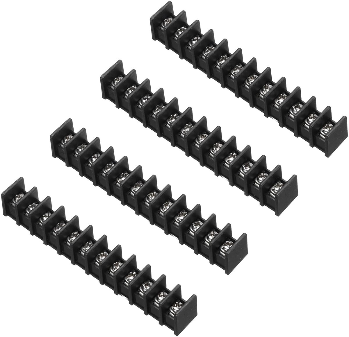 Klemmenblok met 12 posities, 10 x 1,5 cm, 300 V, 20 A, stap 8,25 mm, PA66, eenvoudige montage op printplaten, schroefklemmen, 4 stuks, zwart