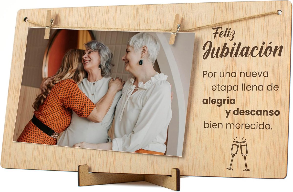 Portafotos con pinzas de madera. Regalo original tarjeta desear Feliz Jubilación a hombre mujer que se jubila Marco colgar fotos con pinzas 10x15 madera jubilado jubilada (Jubilacion)