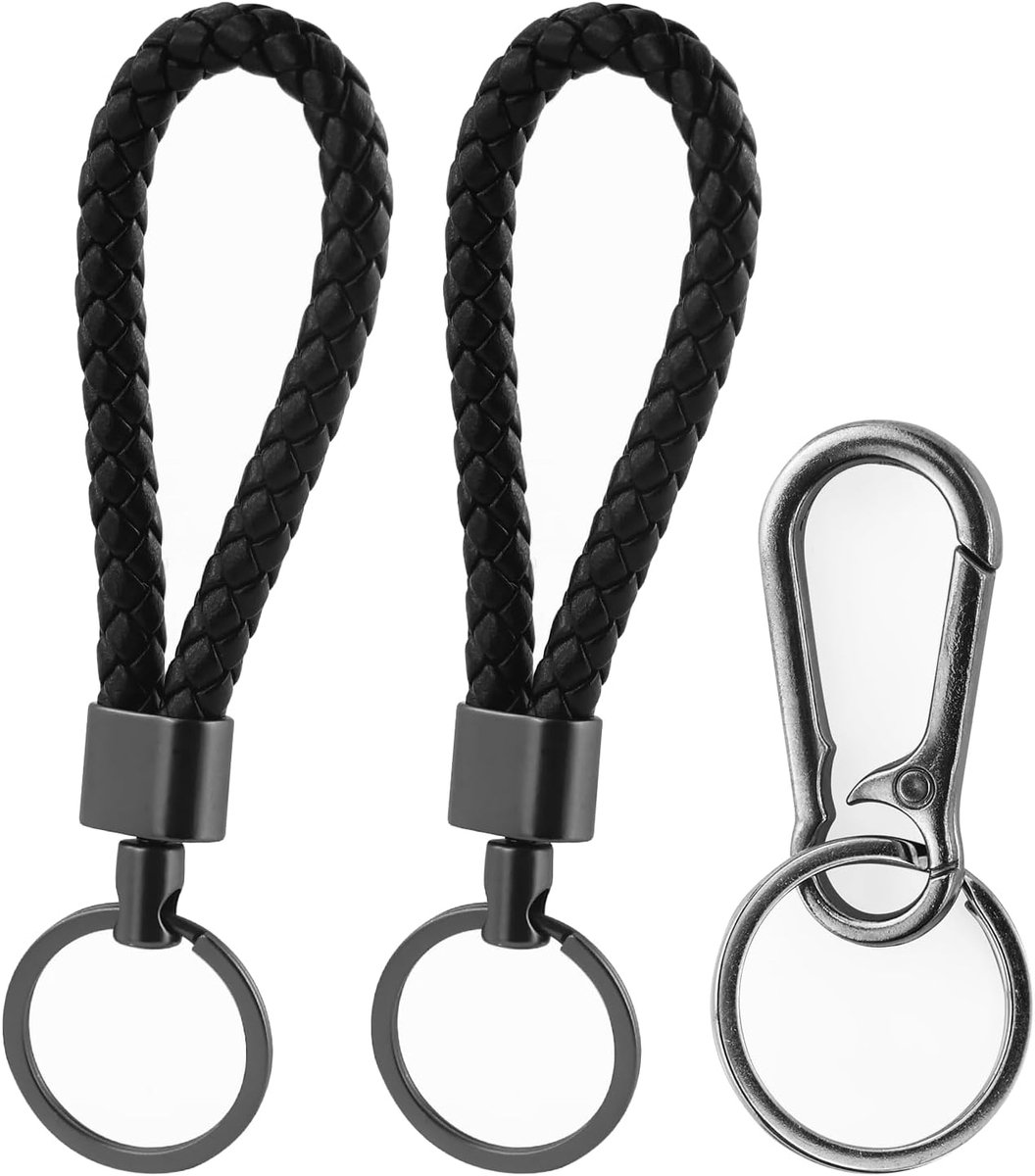 2 stuks gevlochten leren sleutelhangers met 1 karabijnhaak, klein, uniseks sleutelhouder, sleutelring, hoogwaardige gevlochten lederen sleutelhanger, leren autosleutelhanger voor motorfiets, zwart en