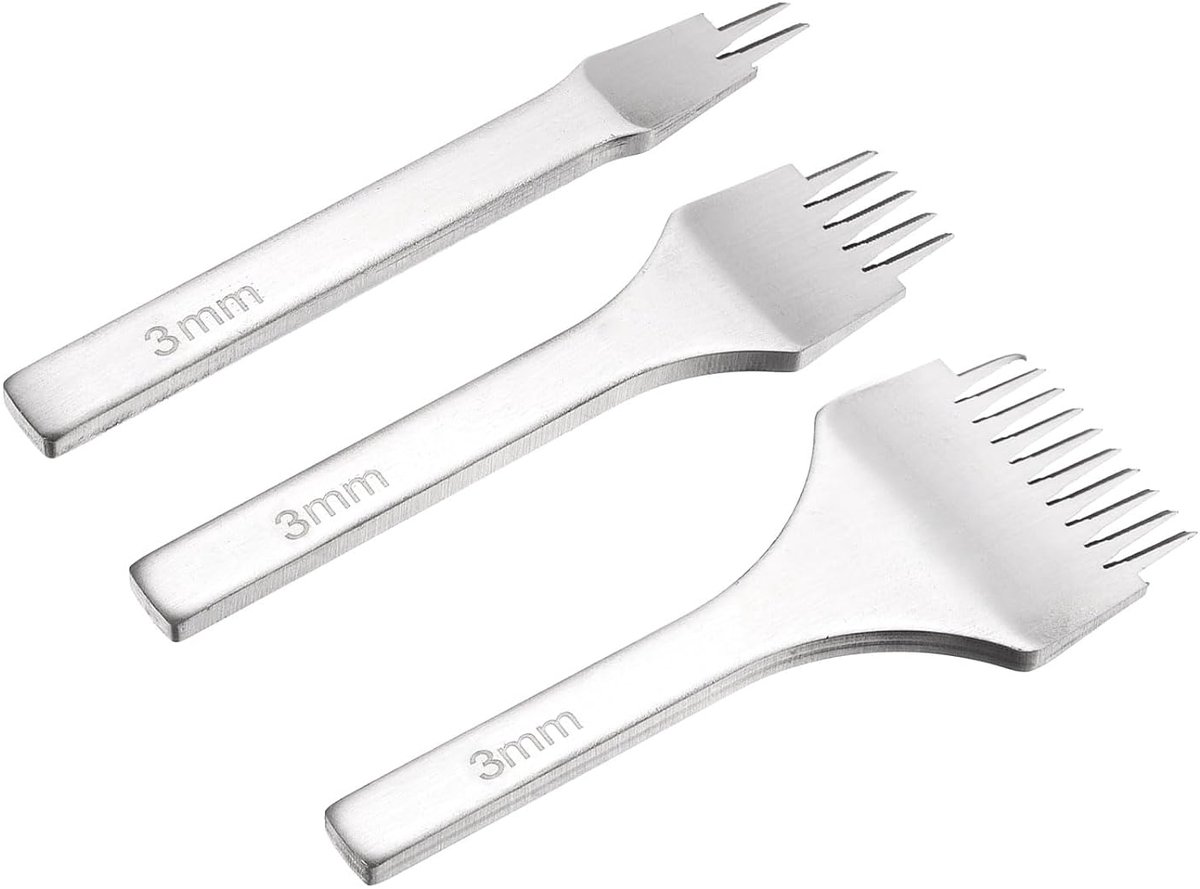 3 stuks stans om te naaien van leer, 3 mm, 2/5/10 tanden, gaten van leer van koolstofstaal, beitel voor doe-het-zelf handwerk, handtassen, portemonnees, kaarthouder, sleutelhanger, riem, wit