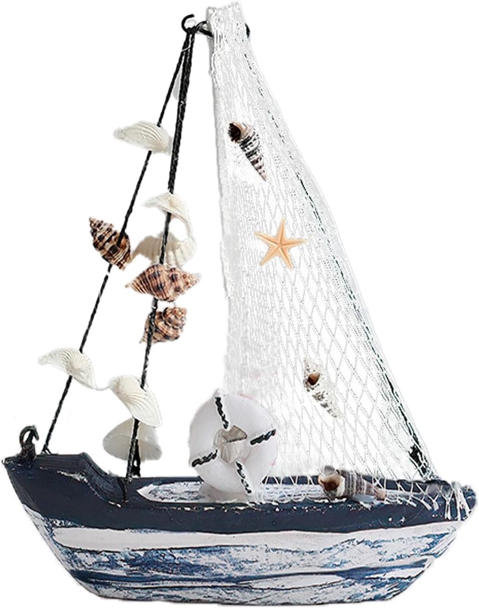 Nautische decoratie, modelschip, zeiljacht, boot, hoogte met mast ca. 19,5 cm, met schelpen, reddingsring, visnet, perfect voor maritieme decoraties