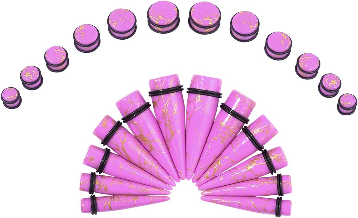 Oorstretchers, set, van acryl, tapers, plugs, expansiestaafjes, oorpiercings, met O-ringen, 10 mm - 20 mm, piercingsieraden, 24 stuks